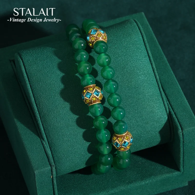 

Vintage Double Layer Emerald Green Stones Beaded Strand Bracelets Charm for Women Jewelry Color Rhinestones Ball Wedding Gift