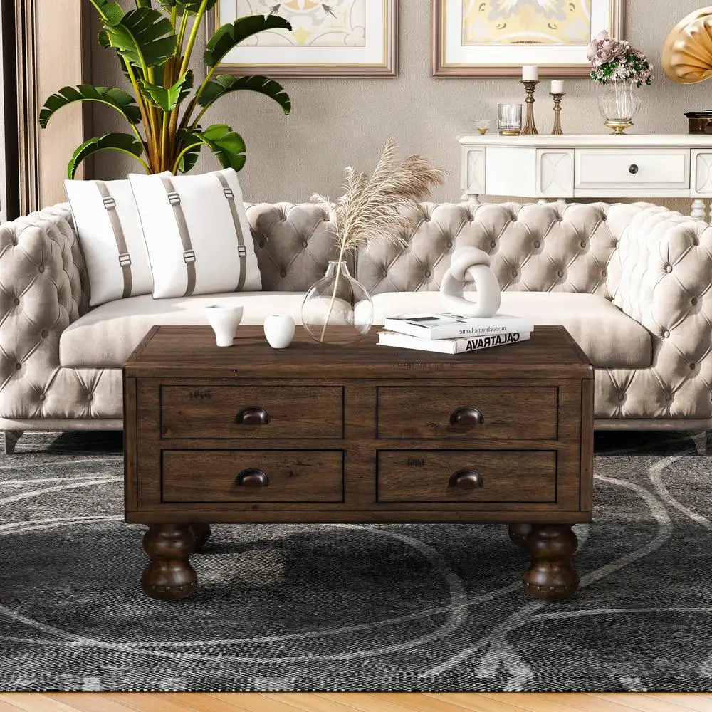 Solid Wood Rectangle Coffee Table 40 Inch Antique Espresso Center Table with 4 Drawers Rivet Leg Detail Easy Assembly LivingRoom