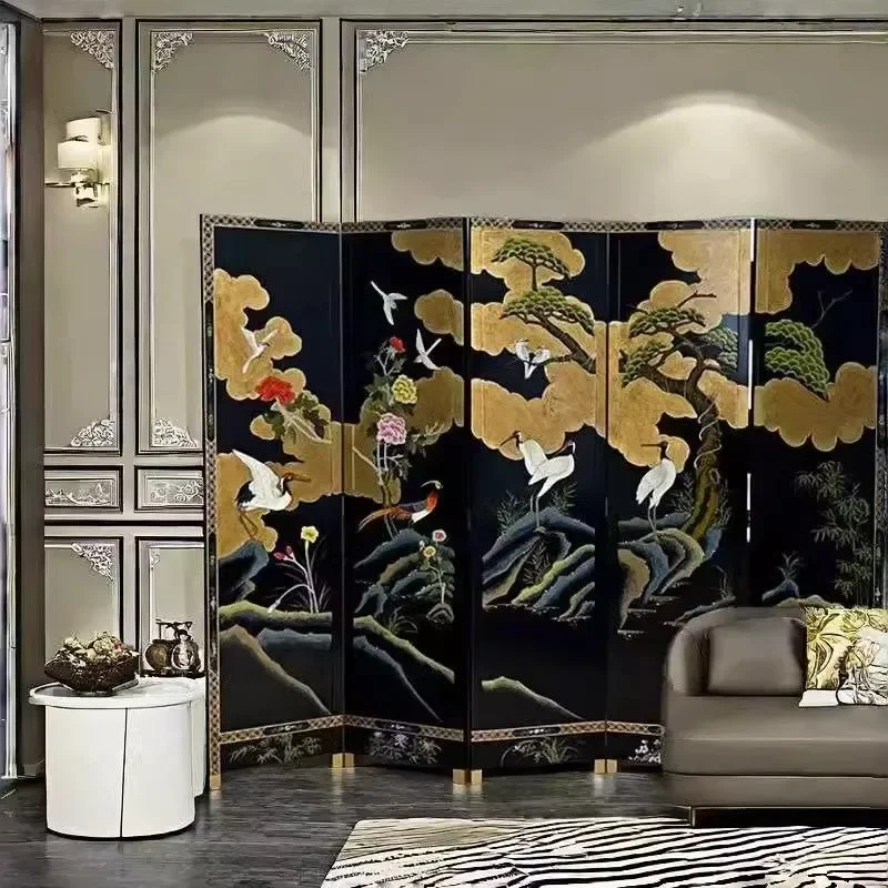 Chinese Hand Painted Retro Lacquer Folding Screen Black Background Flower Bird Pattern Room Divider for Living Room Tea Room