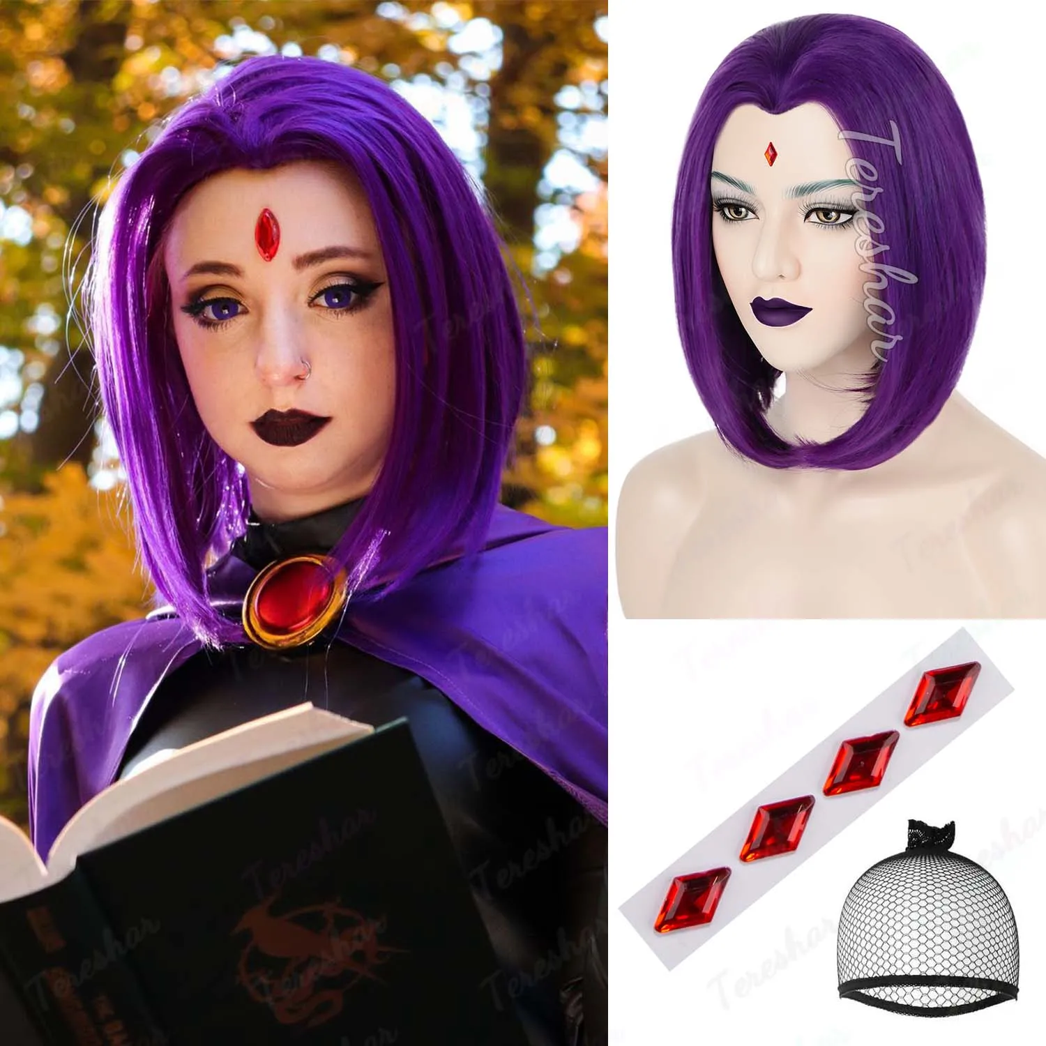 

Synthetic Short Purple Costume Wig for Raven Superhero Cosplay Straight Short Bob with Ruby Sticker for Dress Up Party Festival
