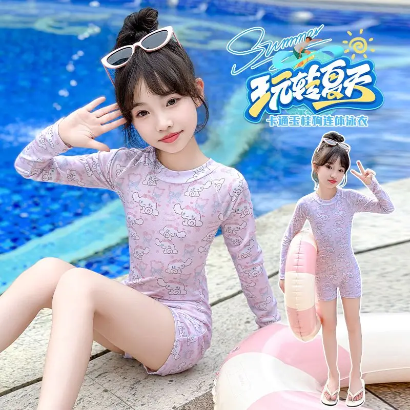 Kawaii Cinnamoroll Swimsuit Cartoon My Melody Kuromi Long Sleeve Swimwear Sunscreen Summer Girl Beach Vacation Bikini Quick Dry