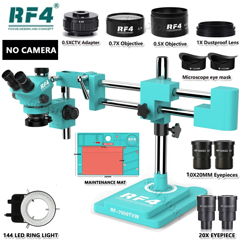 RF4 3.5X-100X Simul-Focus Double Boom Stand Trinocular Stereo Zoom Microscope 48MP 55MP 2K 4K HDMI VGA USB Camera For PCB Repair