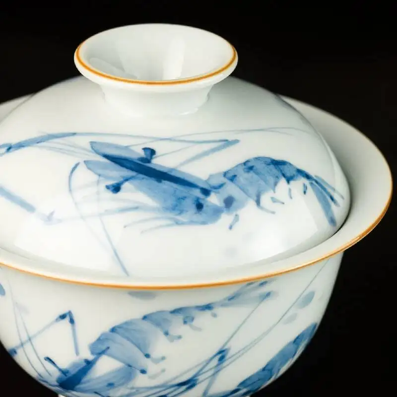 Holy Mountain Jingdezhen Antique-Style Blue And White Freehand Chinese Painting Style Hand-Painted Shrimp-Themed Ceramic Gaiwan