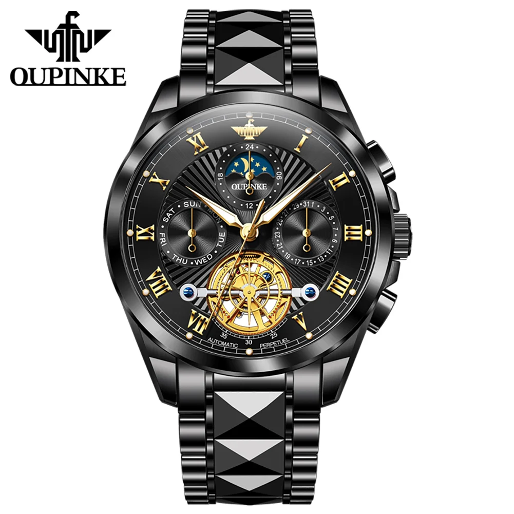 OUPINKE 3322 Men Mechanical Movement Watch Stainless Steel Strap Date Subdial Calendar Window Night Light 50m Waterproof Watch