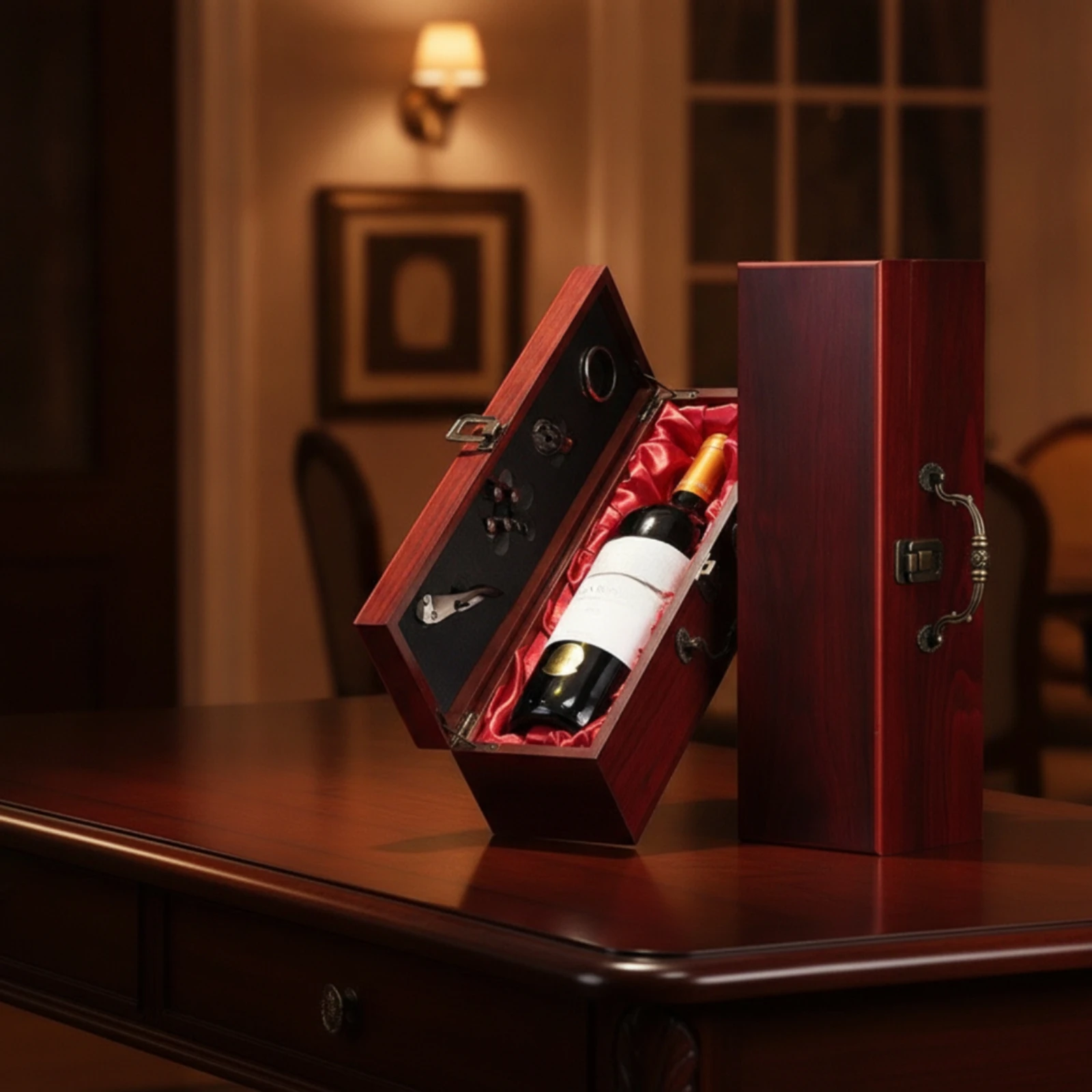 Wine Gift Box Wood-Grain Wooden Wine Box with Latch Satin-Lined Premium for Gifting, Celebrations