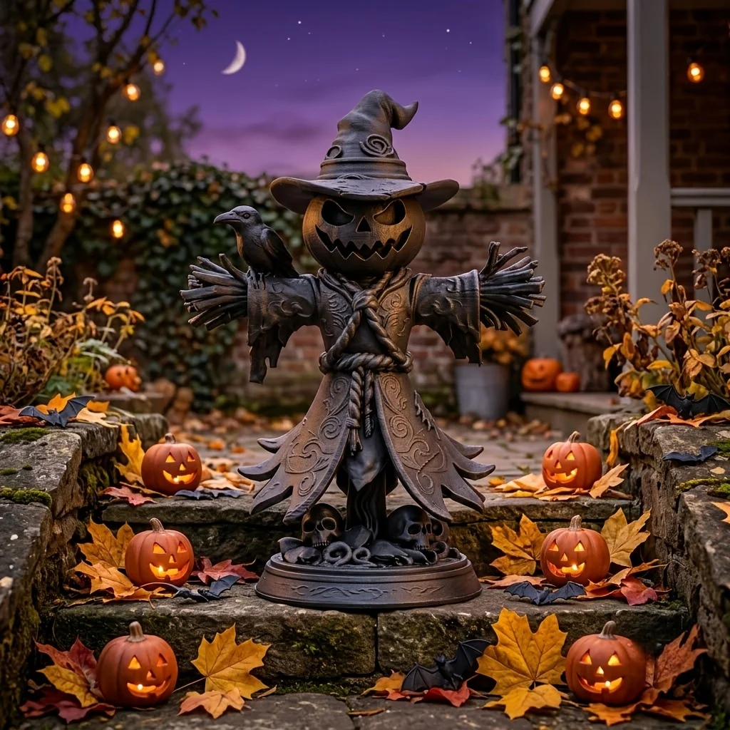 3D Printed Black Pumpkin Scarecrow Statue, Gothic Halloween Desktop Decor, Spooky Witch Hat Jack-O-Lantern Figurine with Crow