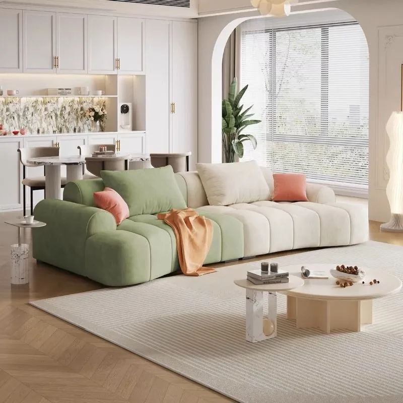 French cream style living room fabric sofa, large and small apartment bedroom curved tofu block can lie down straight flannel