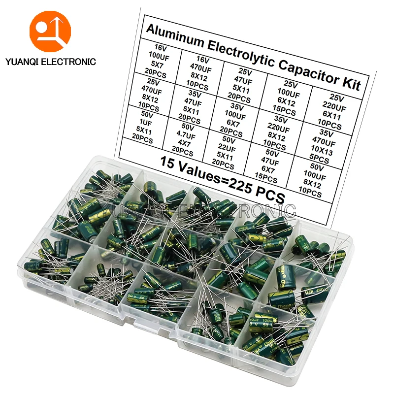 225pcs/Box High Frequency Low ESR Aluminum Electrolytic Capacitor Kit 15Values 16V-50V 1uF-470uF Capacitance DIP Assorted Set