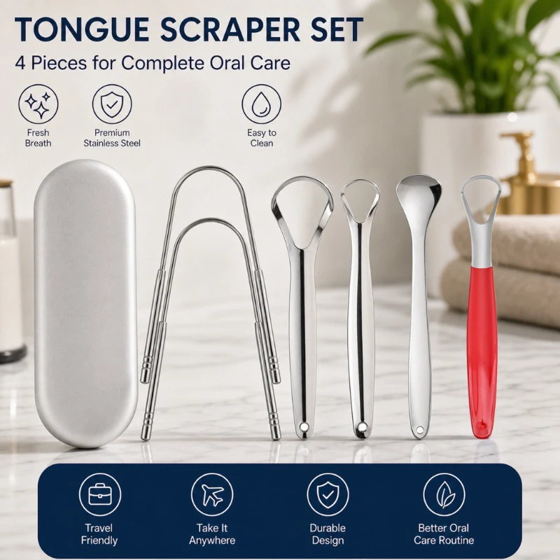 6Pcs Multi-Style Stainless Steel Tongue Scraper,Large Size  Non-Slip Handle Tongue Cleaners with Home Travel Oral Hygiene Tools