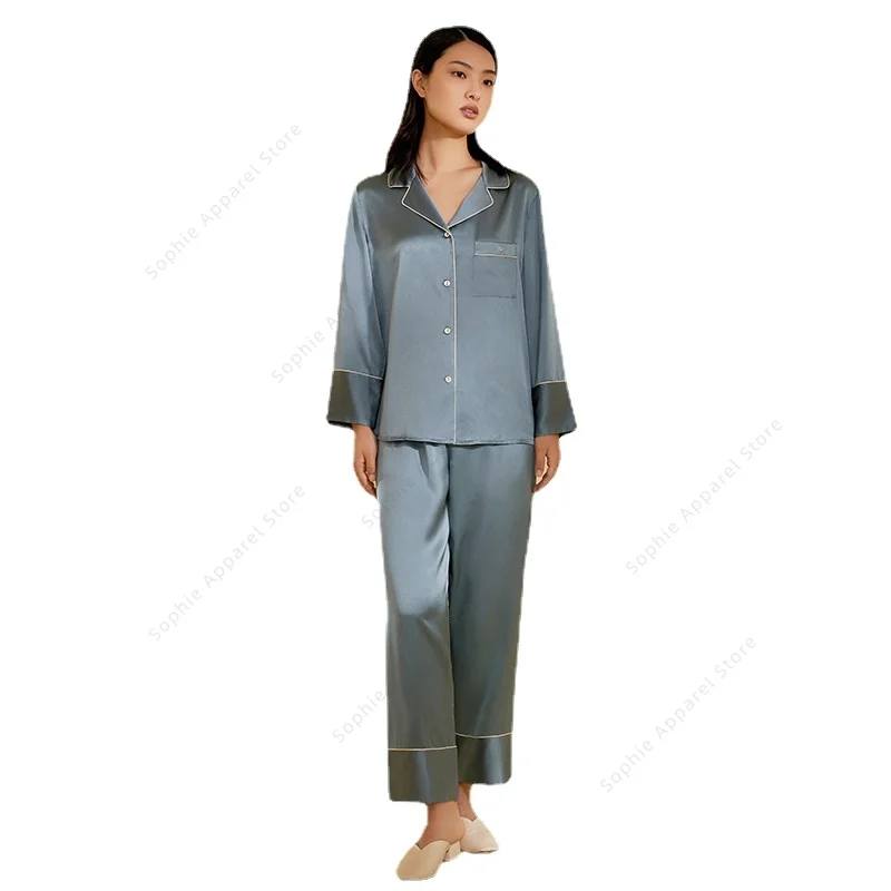 2-piece Sets Silk Pajamas for Women 100% Mulberry Silk Pyjamas Long Sleeve Pijamas Couple Sleepwear Female Sleep Lounge Set