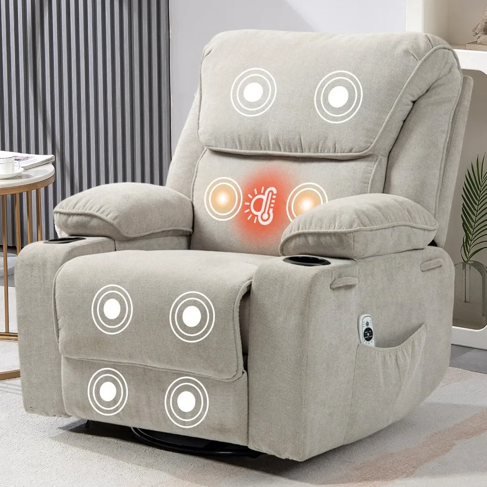 

360 ° swivel rocking chair with massage and heating in the living room, equipped with a cup holder remote control(grey O-shaped)