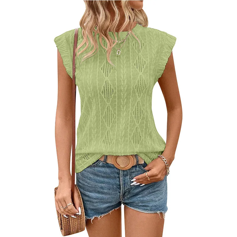 Women's New Solid Color Crew Neck Flutter Sleeve Openwork Knit Loose Fit Versatile Comfortable Leisure Daily Wear Trendy T-shirt