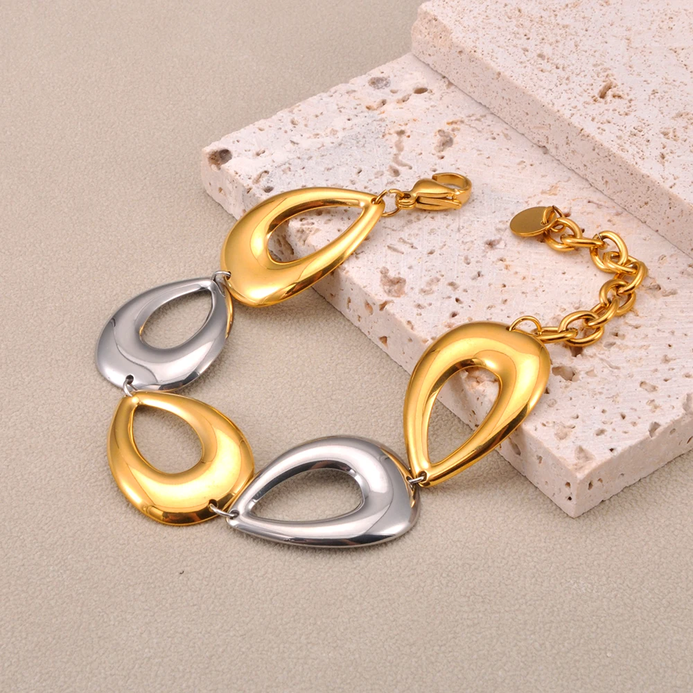JeeMango 316L Edelstahl Geometrische Wasser-tropfen Link Kette Armbänder Für Frau Chunky Übertrieben Wasserdicht Schmuck B25164