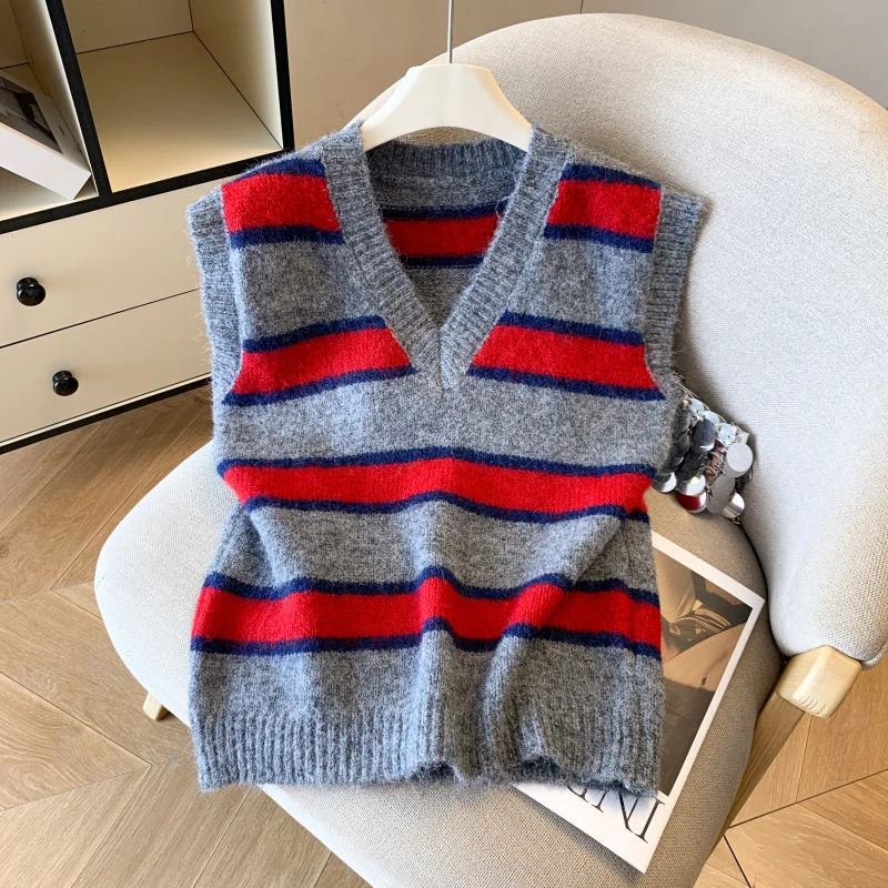 

Sweater Vest For Women 2025 Autumn New Arrival Striped V Neck Cashmere Vest Korean Style Fashion Sleeveless Pullover Tops Women