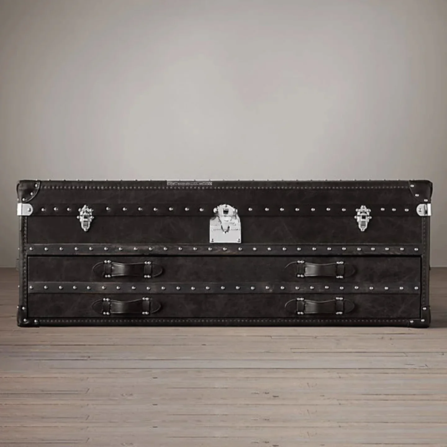 Leather TV cabinet retro industrial wind rivet black leather case living room audio-visual cabinet