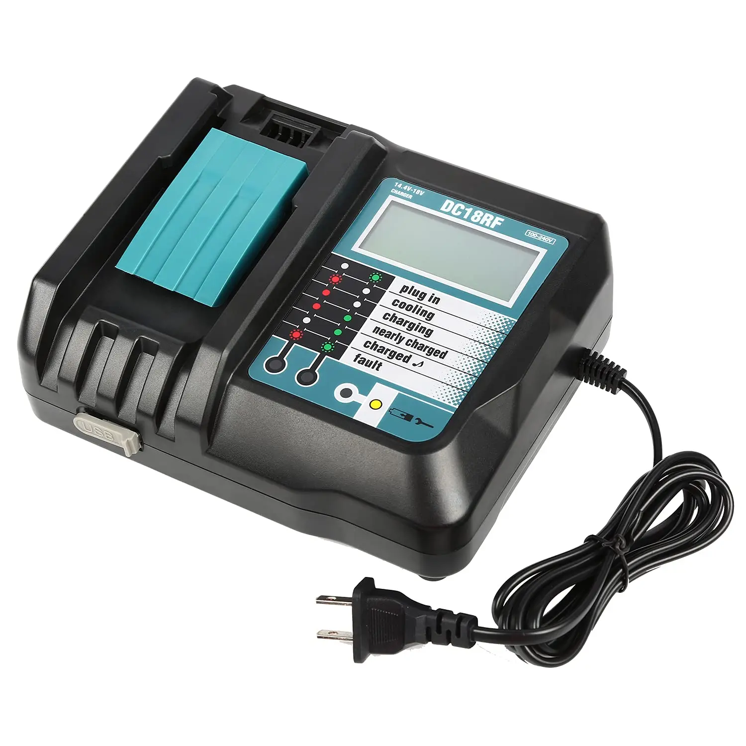 Newest DC18RF Li-ion Super Fast Charger for Makita 14.4V-18V Lithium Battery BL1860B,BL1830,,BL1415 with LED Screen, USB Port