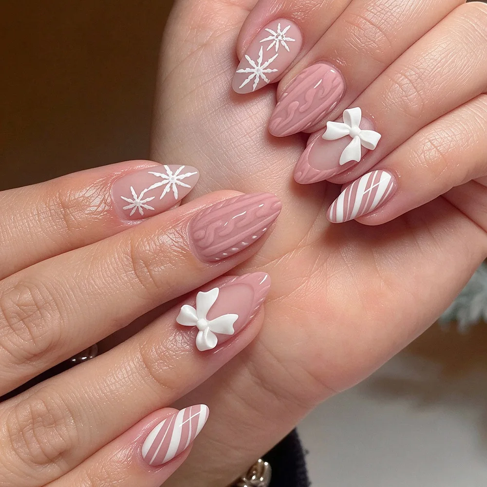 24pcs Pink Almond Press on Nails Christmas Style Bowknot Santa Claus Xmas Tree Pattern Fake Nails Full Cover French False Nails