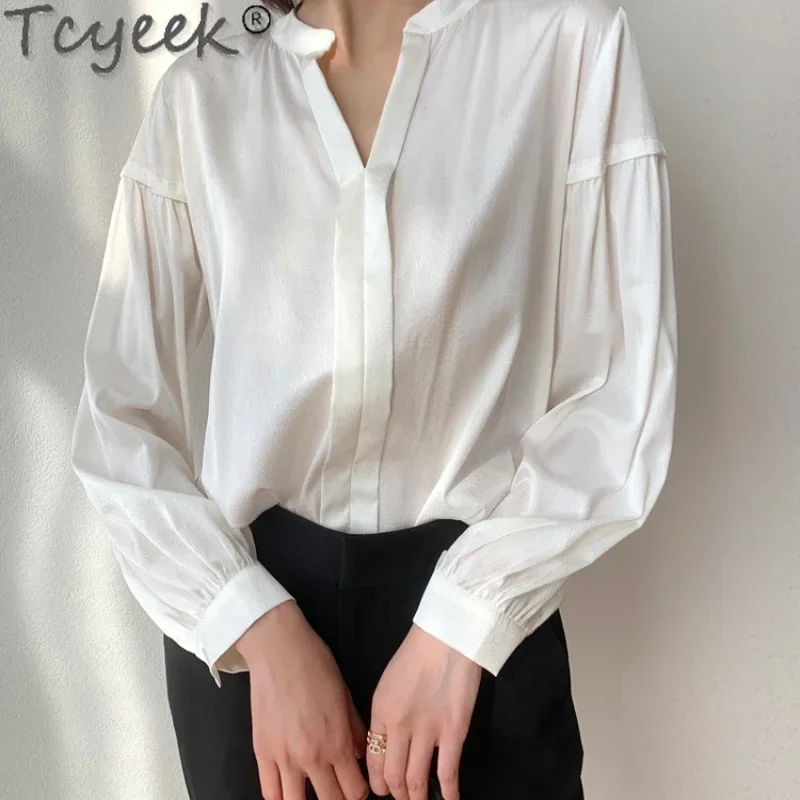 Tcyeek Real Silk Women Shirt Women's Elegant Shirts 24MM 93% Mulberry Silk Shirt Spring Summer Long Sleeve Top Chemise Femme