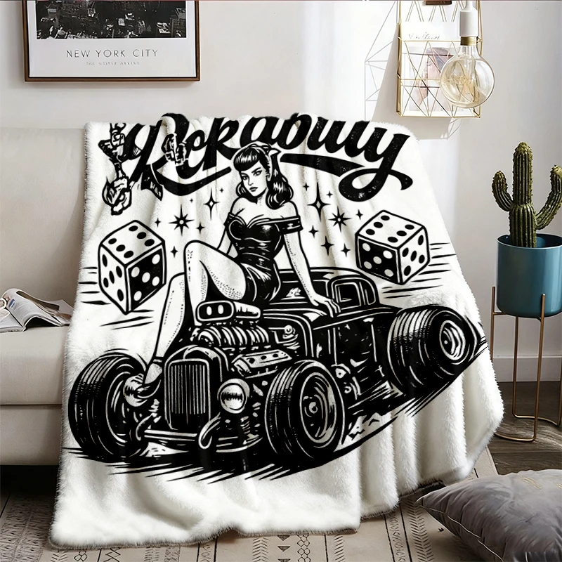 Rockabilly Hot Rod Pin Up Graphic Flannel Blanket, Retro 50s Racing Flannel Blanket