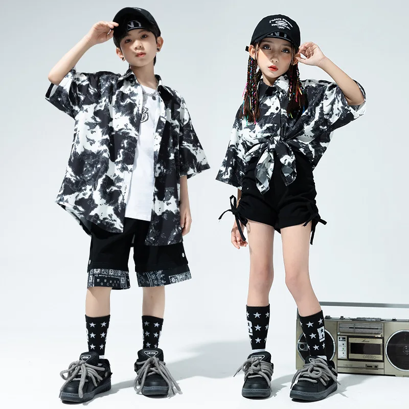 Kids Hip Hop Jazz Performance Clothes Sets Short Sleeve Tie-dye Print Shirt + Black Shorts Teen Boys Girls Street Dance Costumes