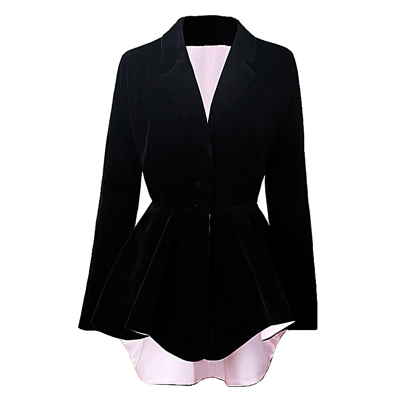 Elegant High-end Women's Top Long Sleeved Velvet Black Retro Slim Fit Temperament Coat Fashionable Waistband Mid Length Coat