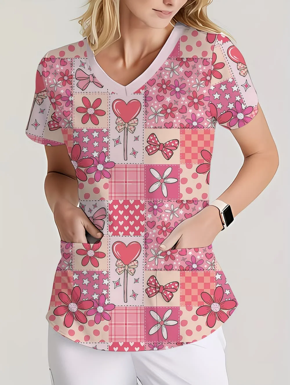 uniformes-femininos-medicos-elegantes-com-estampa-de-coracao-blusa-de-obstetricia-com-decote-em-v-e-manga-curta-com-bolso-uniformes-clinicos-para-mulheres