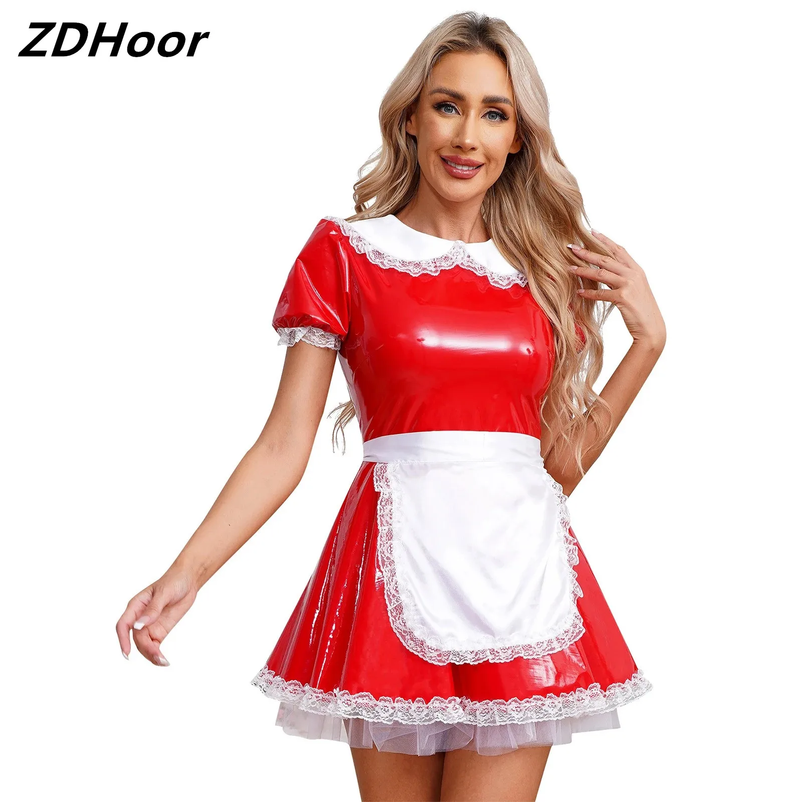 

Womens Servants Cosplay Maid Dress with Apron Doll Collar Puff Sleeve Ruffle Lace Patent Leather Dress for Masquerade Club