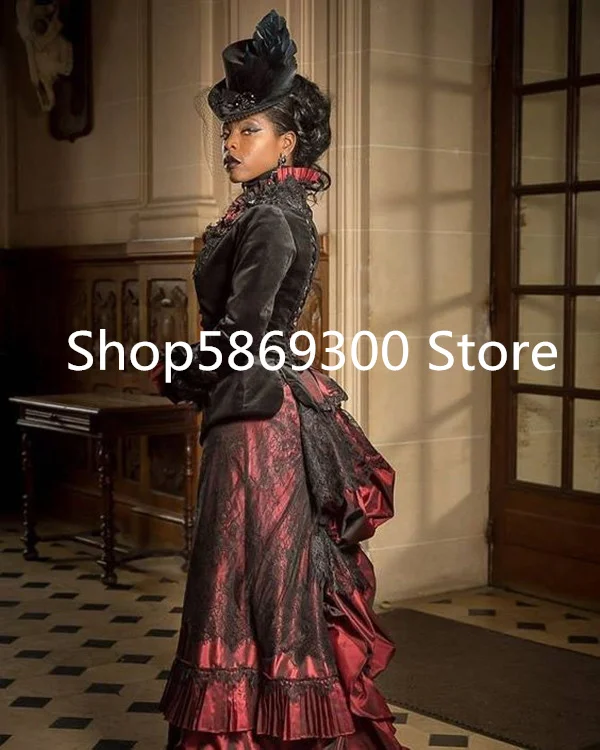 Black and Red Victorian Goth Prom Formal Dresses with Long Sleeve Lace-up Corset Dark Gothic  Bustle Evening Holloween Gown