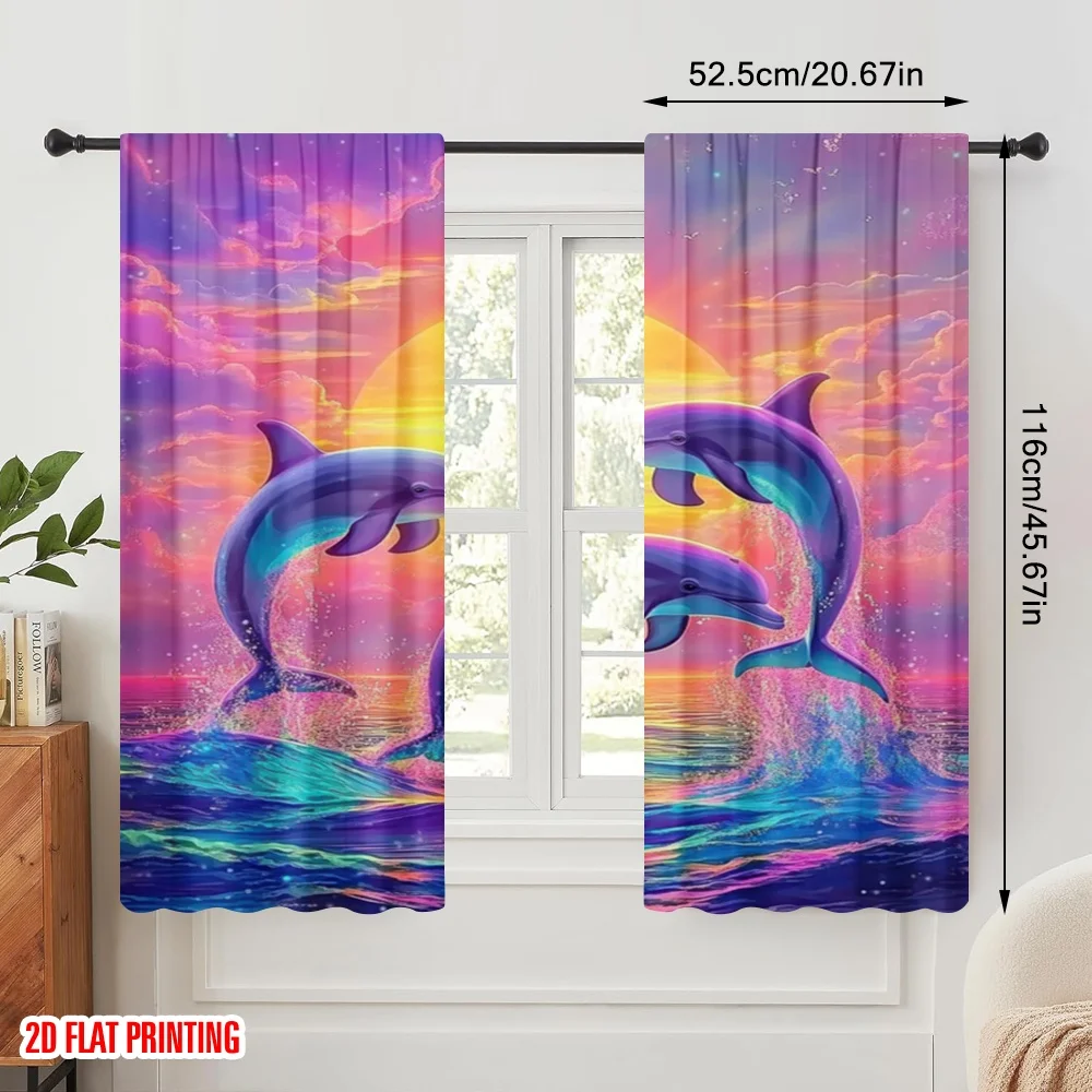 2pcs,2D plane printing Curtains&Window Treatment Sunset Dolphins Versatile 100% Polyester (without rod) Room Decor for Living