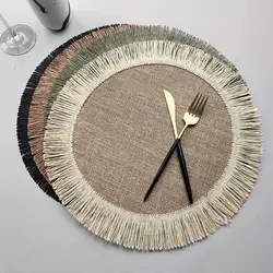 1pc Jute Placemat Linen Ins Wind Simple Fringe Christmas Round Table Mat Environmental Protection Heat Insulation Non-slip Mat