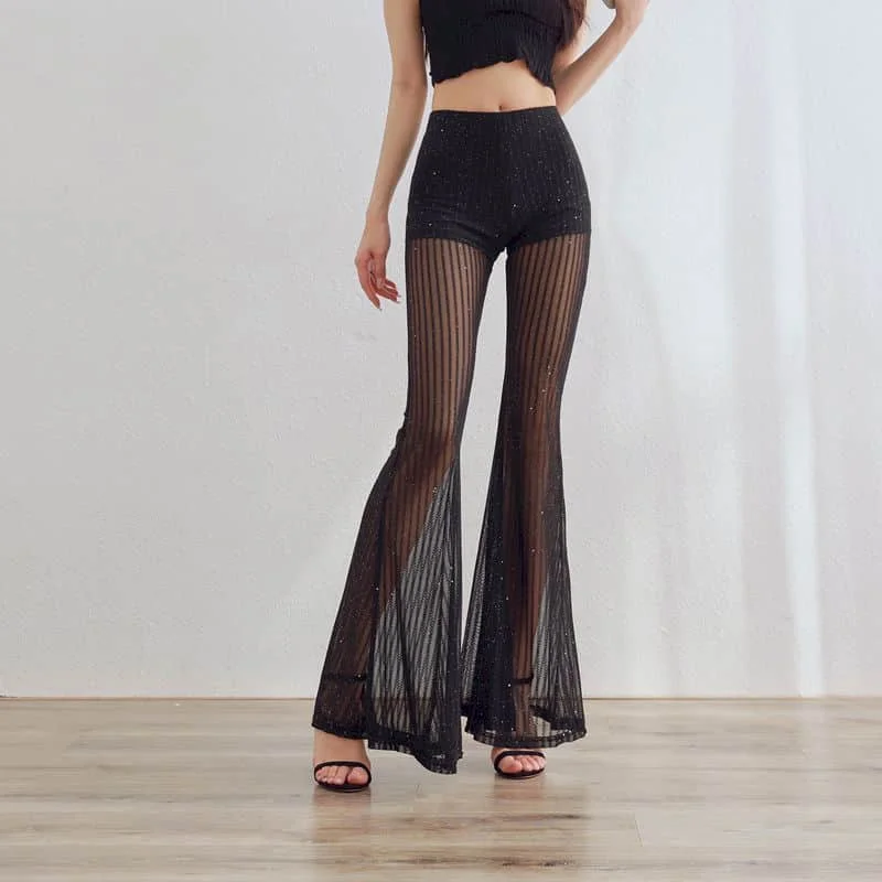 Flare Pants for Women Y2k Mesh Sequins 2026 Summer Harajuku High-stretch Thin See-through Sexy Body-hugging Fashion Trousers