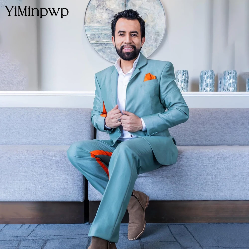 

YiMinpwp Sky Blue Men's Suit 2 Pieces Notched Lapel Satin Wedding Blazer Groomsmen Suit Set Plus Size Tailored Bridal Party Suit