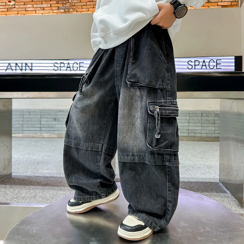 

Kids Pants New Spring Boy Fashion Korean Casual Simple Style Baggy Children Cool Jeans Cowboy Wide Leg