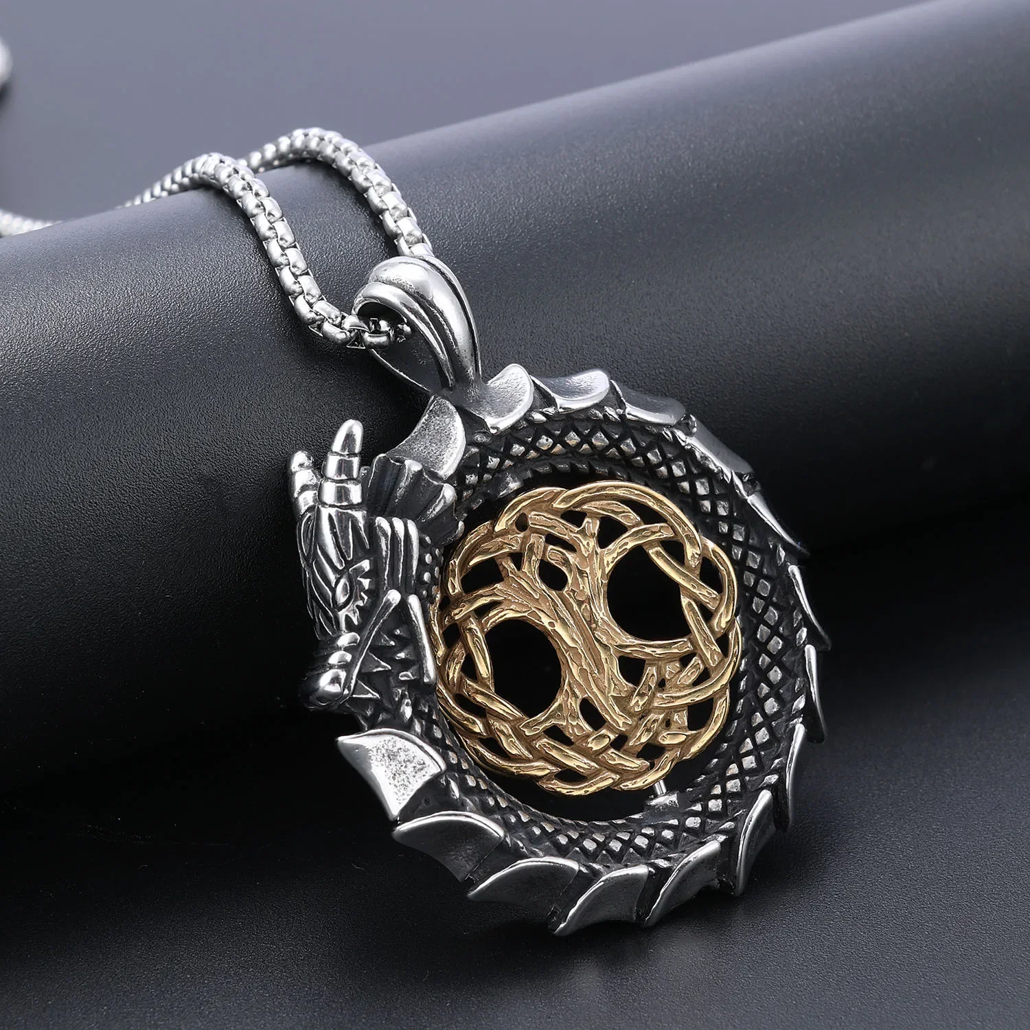 CHUANGCHENG Viking Stainless Steel Rotation Viking Dragon Tree of Life Pendant Men's Necklace Chains Jewelry Accessories