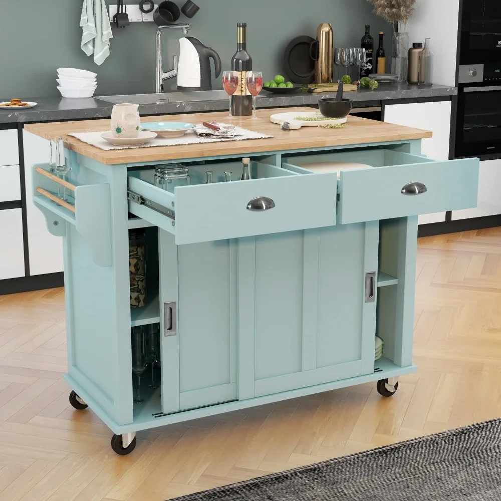 Kitchen Cart with Rubber Wood Drop-Leaf Countertop,Kitchen Island on 4 Wheels Storage Cabinet and 2 Drawers,Mint Green Bar Cart