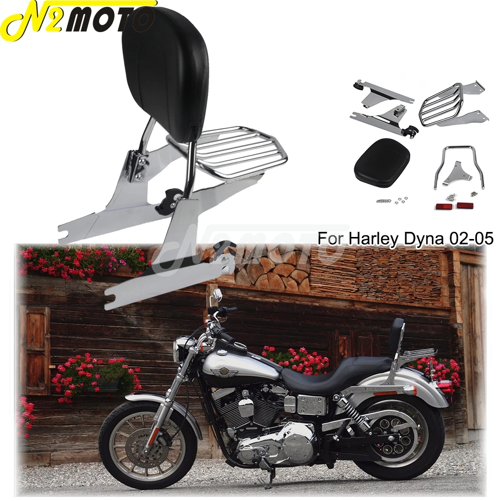 

Chrome Passenger Sissy Bar Backrest Pad Luggage Rack For Harley Dyna FXD Super Glide Low Rider Custom Sport Wide Glide 2002-2005