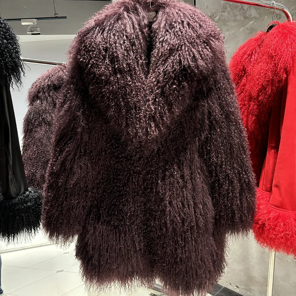 YOLOAgain Real Mongolia Sheep Fur Jacket Women Winter Burgundy Fur Coat