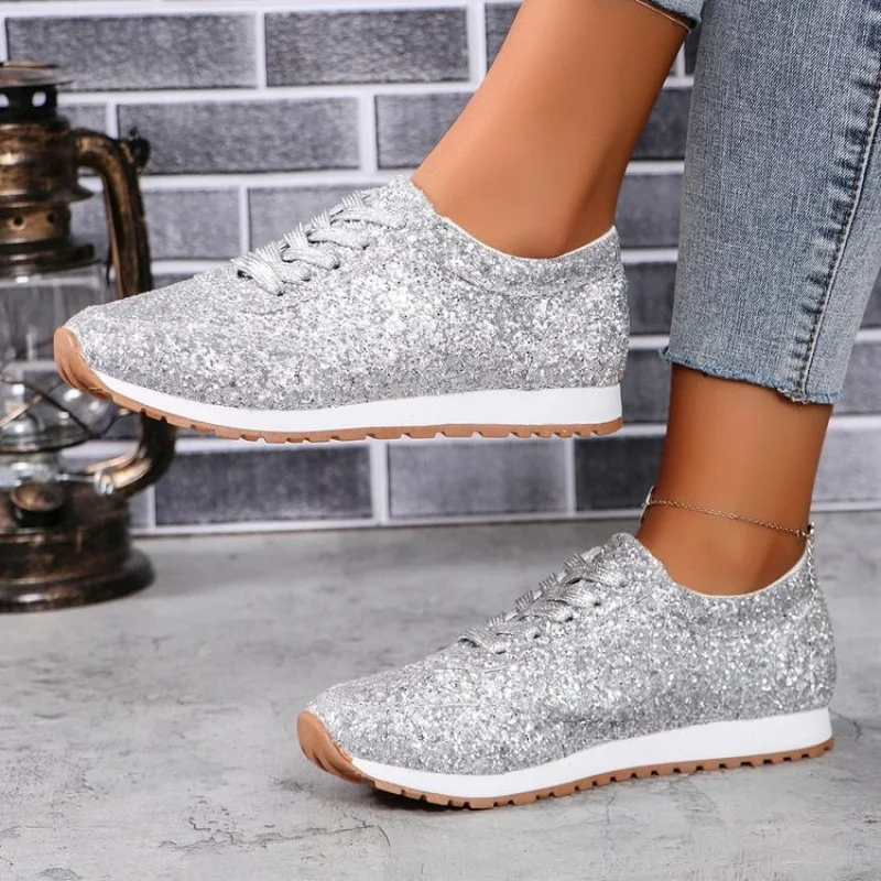 

Women's Large Size Flat Casual Sports Shoes 2025 New European and American Style Sequin Lace-up Flats