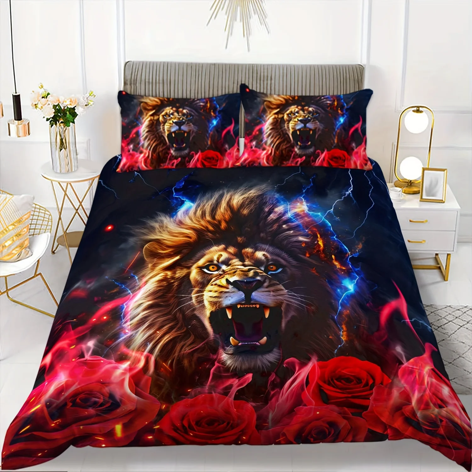

A Set of Down Comforter Covers Soft And Comfortable Featuring a Black Lion Design in Extra Large Size Suitable for Boys' Bedding
