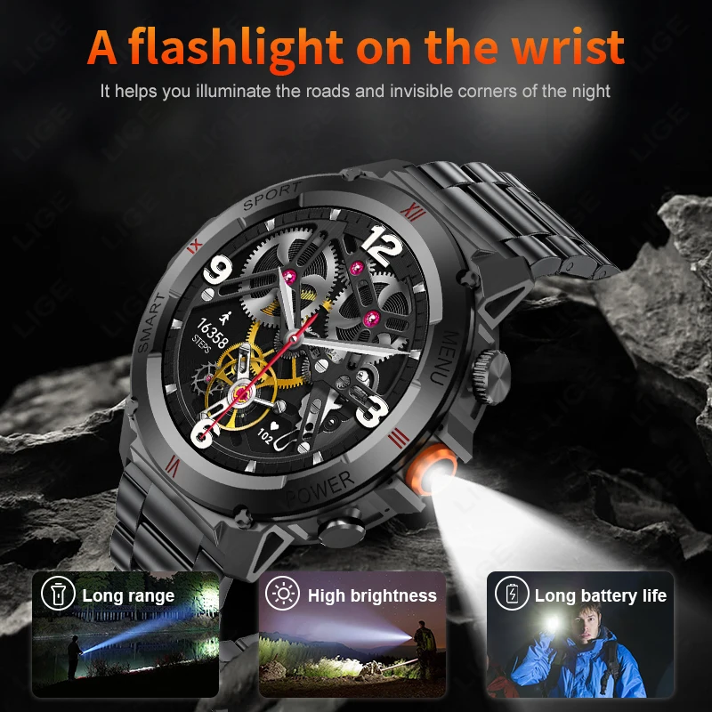 LIGE New Outdoor Sport Smart Watches Men Flashlight Bluetooth Call IP68 Waterproof Fitness Watches Men Smartwatch For Andrio IOS