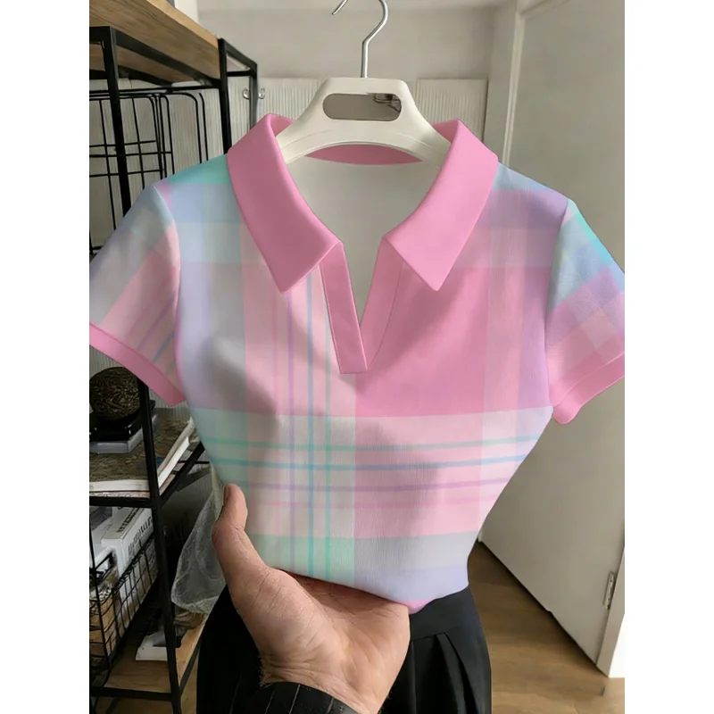 2026Women's fashionable and versatile, no buttonsPOLOShirtPink Plaid Purple TartanFashionable Commuting Versatile Top