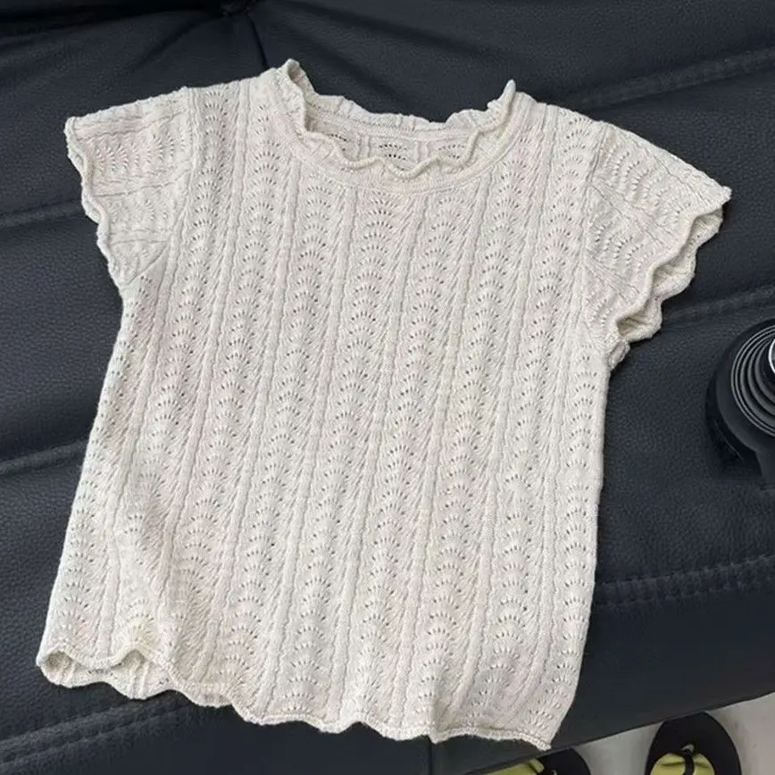 2026 Girls Summer New T Shirt Korean Lace Collar Hollow Out Baby Girl Short Sleeve Knit Top Stylish Top
