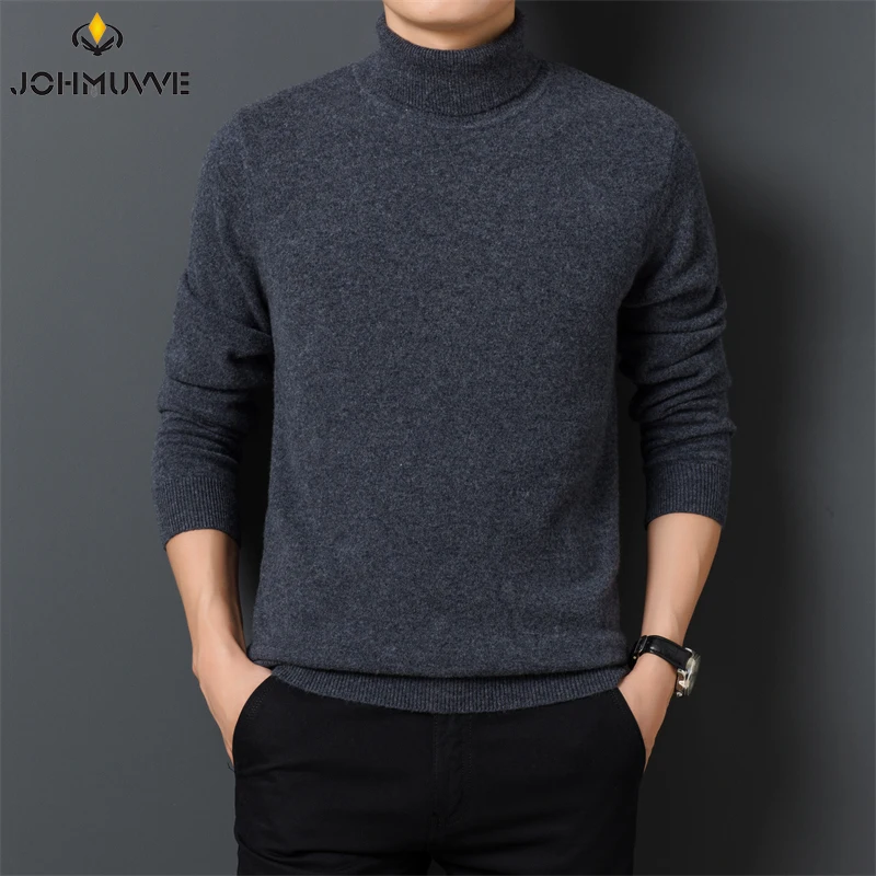 New Men's Casual and Fashionable Solid Color Long Sleeved Hight Neck Sweater Warm and Versatile Top for Autumn and Winter