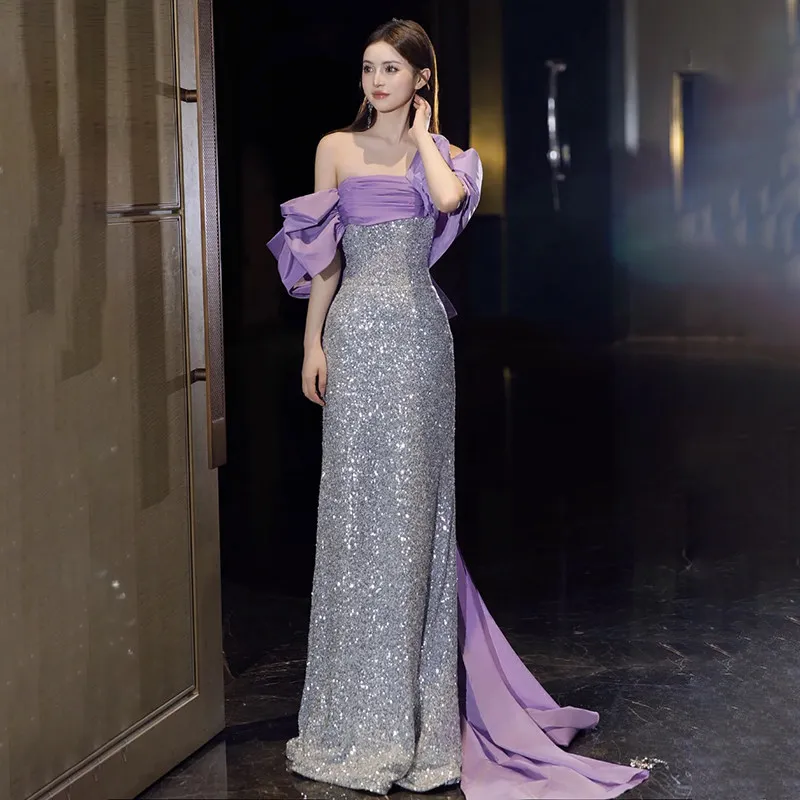 

Это индивидуальное вечернее платье Yiiya с серебряными пайетками, с открытыми плечами, на шнуровке, фасона «русалка», больших размеров, для женщин, для вечеринок, официальное платье, новинка 260055