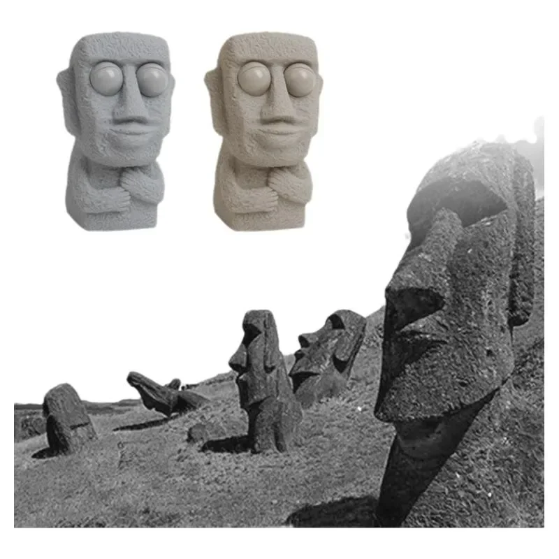 Stone man releases stress toy slowly rebounds soft Moai statue squeeze eyes interested expression relaxes stress children's gift