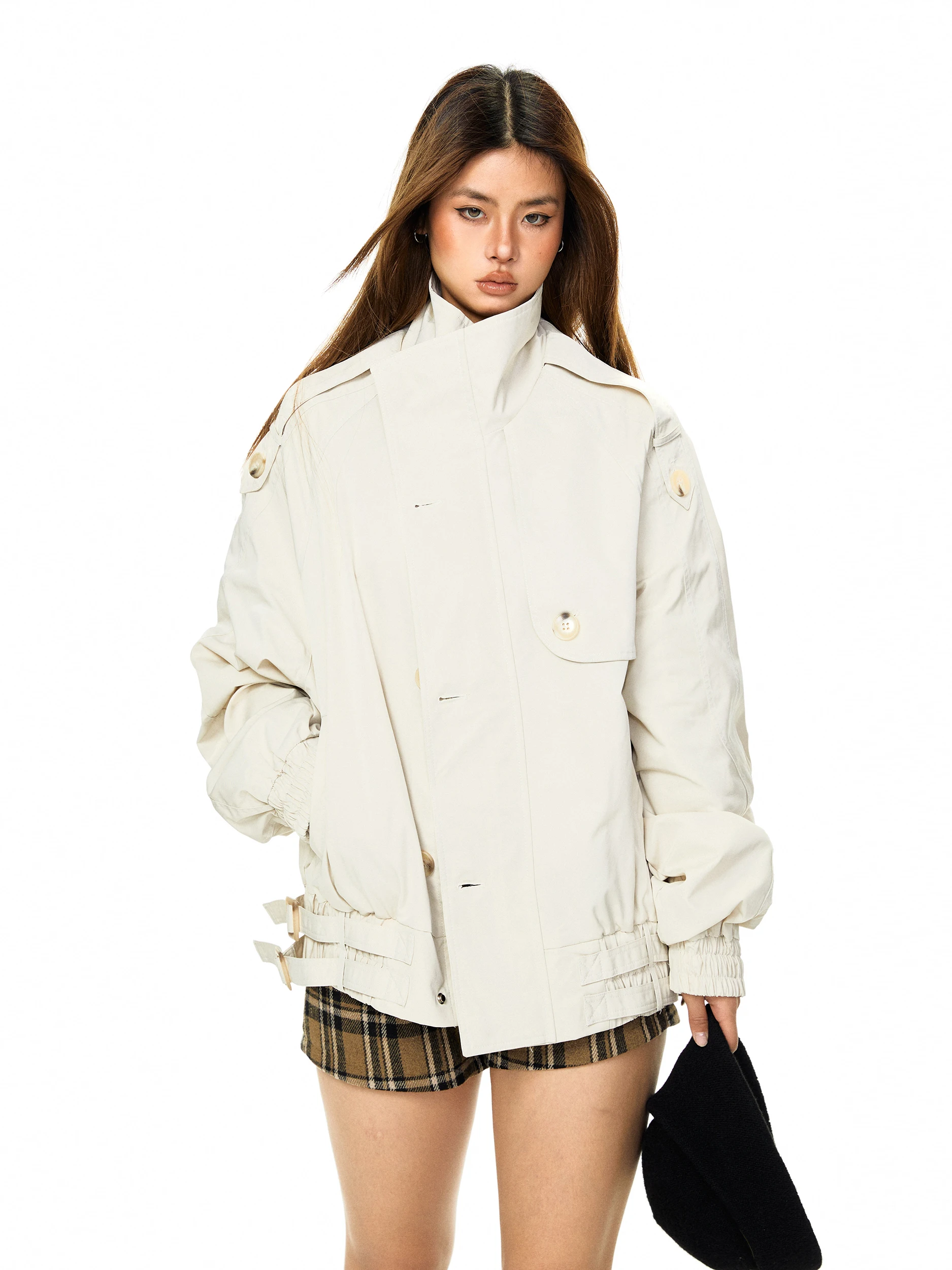 Blackbb Retro Deconstructed Stand Collar Short Workwear Jacket Women Spring Versatile Casual Top Design Sensation Outerwear