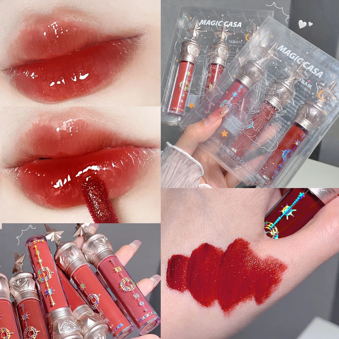 Brillo de labios de agua de espejo transparente, brillo de labios de gelatina, lápiz labial hidratante impermeable, tinte de maquillaje transparente Rosa desnudo, cosmético, 3 piezas por juego