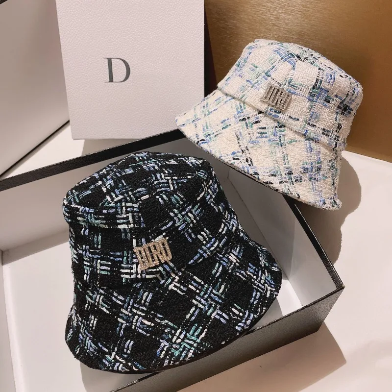 

​​2025 Korean Houndstooth Bucket Hat for Women Adjustable Face Slimming Winter Warm Street Fashion Foldable Hair Cover