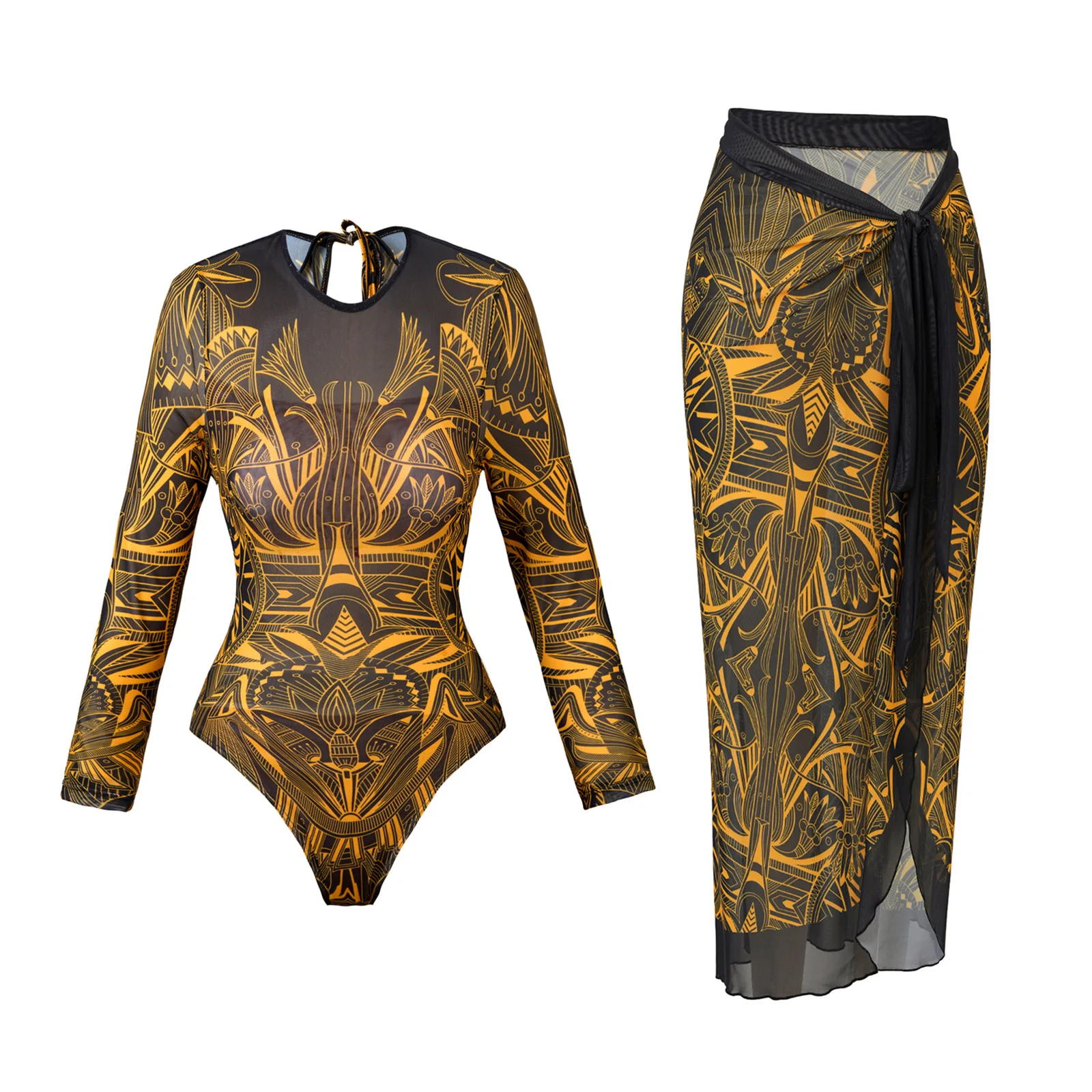 Retro Long Sleeve Swimwear Body Suit One Piece Swimsuit 2025 Printed Surfing Suit Sexy High Cut Bathing Suit Women Monokini