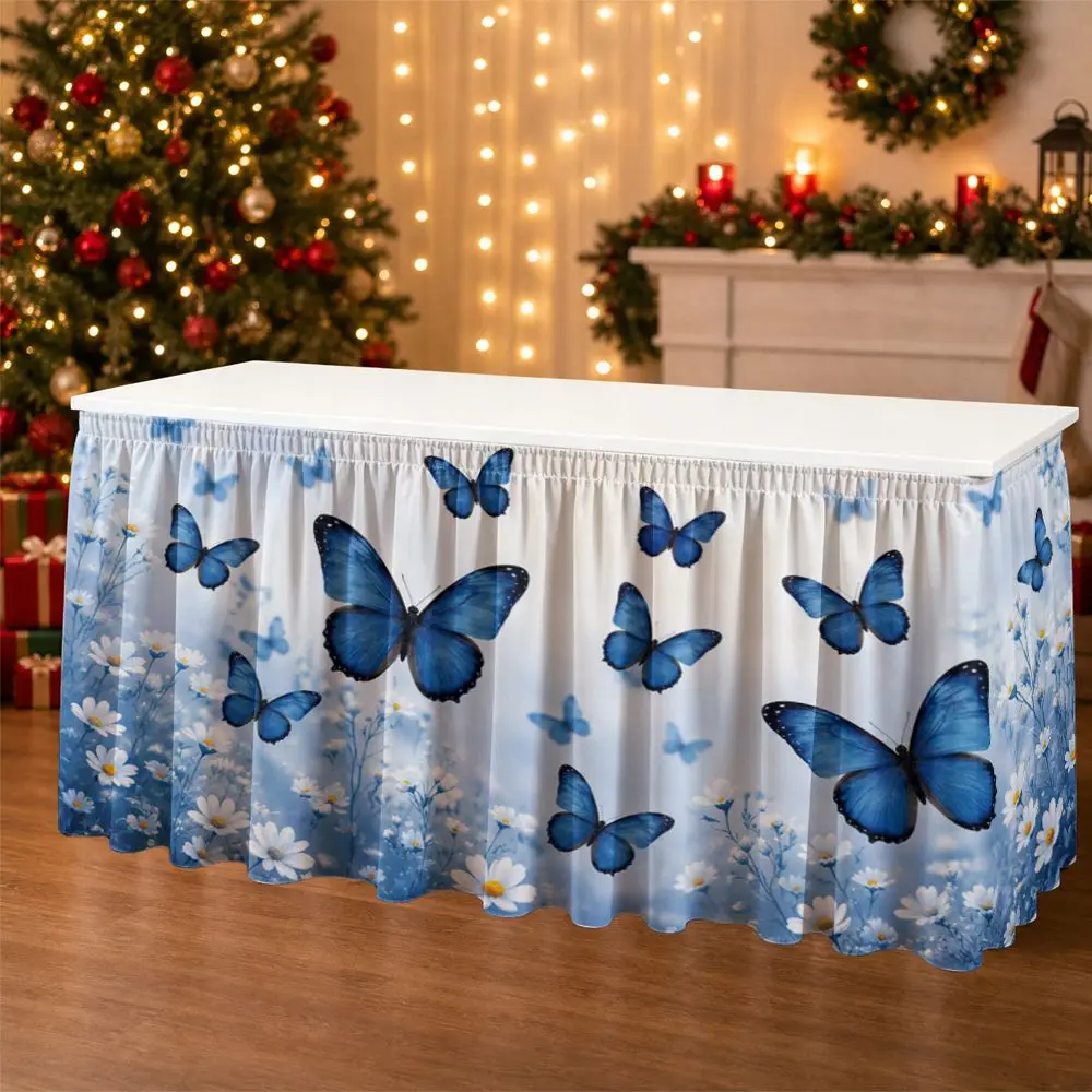 One-piece party table skirt decoration - blue butterflies and white daisies pattern - ruffled table edgezyc